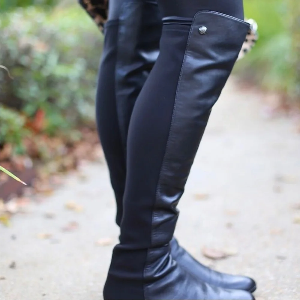 Vince Camuto Karita Black Leather and Neoprene Pull On Over The Knee Boot 5M